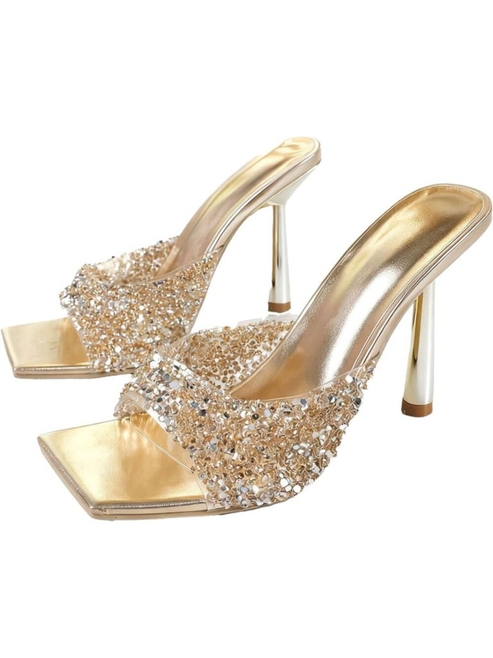 Women's Gold Wide Strap Shiny Rhinestones Stiletto Mules Sandals Square Open Toe